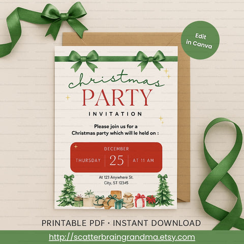 Editable Christmas Party Invitation | Red & Green Holiday Invite | Watercolor Gift & Tree Design | Canva Template | Printable PDF