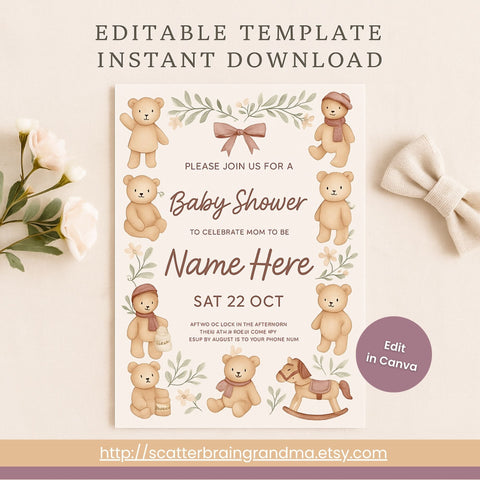 Rustic Teddy Bear Baby Shower Invitation | Neutral Printable 5x7 Template | Editable Baby Shower Invite for Mom-to-Be | Instant Download PDF