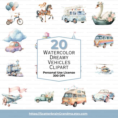 Watercolor Dreamy Vehicles Clipart Set | Pastel Baby Nursery Transportation Illustrations | Cute Car Truck Train Airplane Stickers | PNG Instant Download