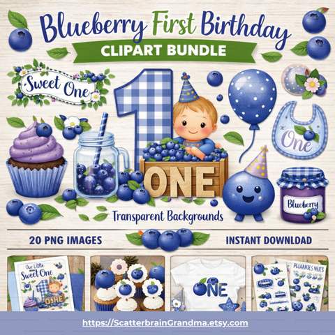 Blueberry First Birthday Clipart Bundle | Blueberry Party Graphics | First Birthday PNG | Cute Fruit Clipart | Instant Download