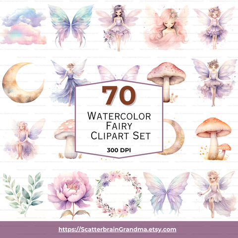 Watercolor Fairy Clipart Bundle | Whimsical Pastel Fairy Illustrations, Magical Mushrooms, Moons, and Flowers | Fantasy PNG Set for Sublimation & Crafting