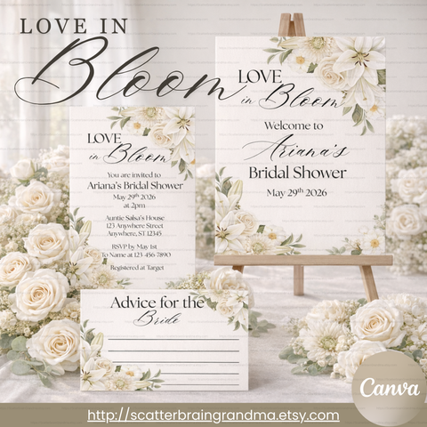 Editable Bridal Shower Canva Template Set | Love in Bloom Bridal Shower Invitation, Welcome Sign & Advice Card | Instant Download White Floral