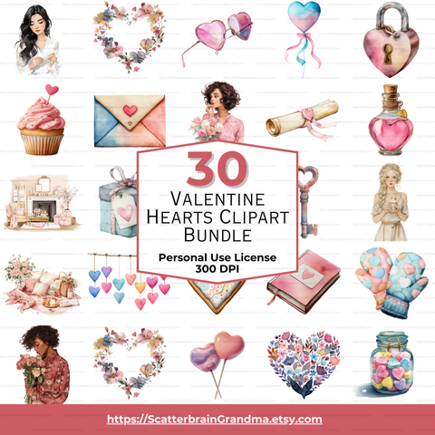 Valentine Hearts Clipart Bundle | 30 Watercolor Pink & Red Heart PNGs | Transparent Background | Stickers, Crafts, Sublimation, Planner Graphics