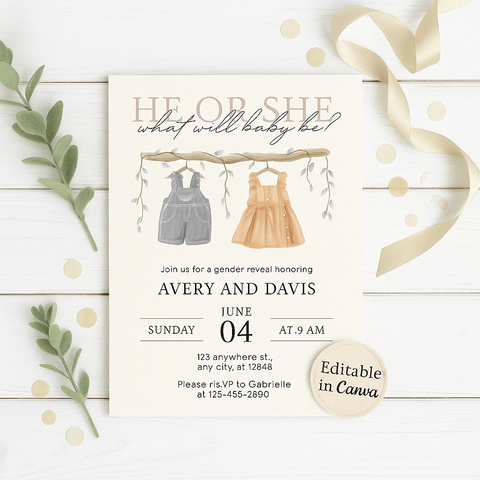 Rustic Gender Reveal Invitation — He or She Baby Shower Editable Template, Neutral Printable Invite