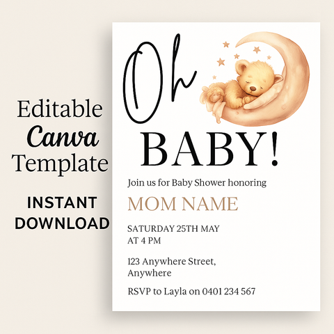 Oh Baby Shower Invitation – Moon & Bear Canva Template