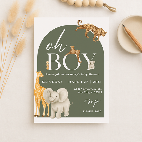 Safari Baby Shower Invitation Boy Jungle Theme | Editable Baby Shower Invite with Wild Animals | Oh Boy Green Safari Party Printable