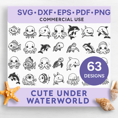 Cute Under Waterworld Clipart Bundle • Ocean Animals PNG Set • Kawaii Sea Life Stickers • Printable Digital Download • Kids Crafts