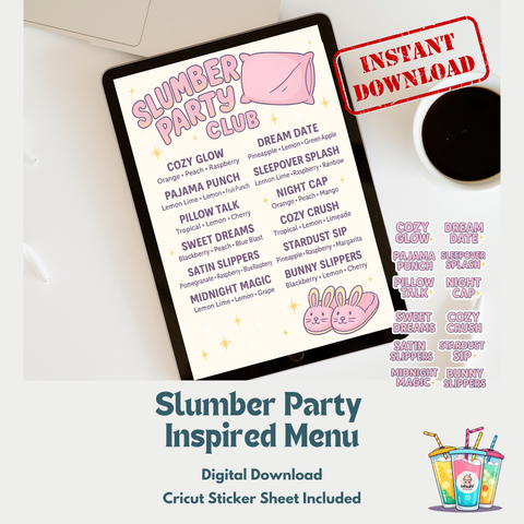 Slumber Party Tea Menu & Sticker Set – Digital Download for Sleepover Parties