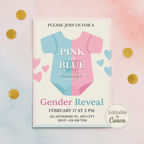 Pink & Blue Onesie Gender Reveal Invitation — Editable Baby Shower Template, Digital Download
