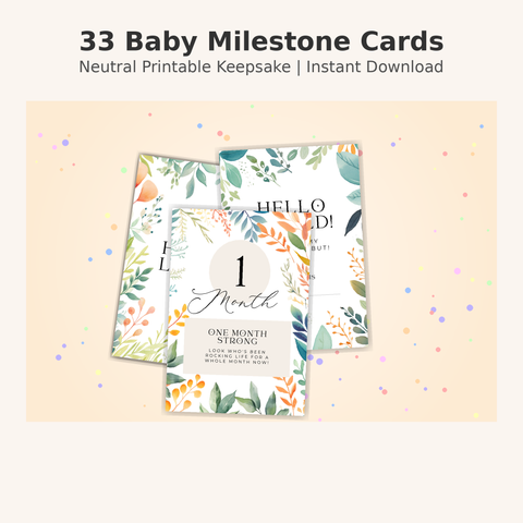 33 Baby Milestone Cards – Neutral Printable Keepsake | Digital PDF | Monthly + Firsts + Holiday Milestones