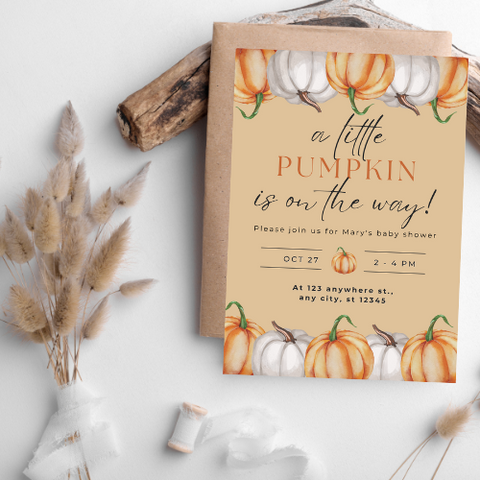 A Little Pumpkin Is on the Way – Fall Baby Shower Invitation (Editable in Canva)