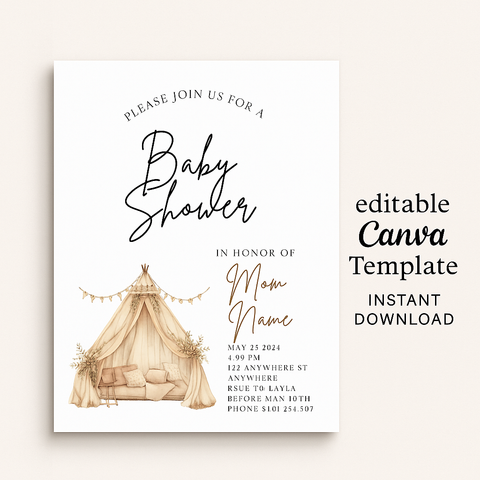 Boho Baby Shower Invitation – Editable Canva Template with Tent Design