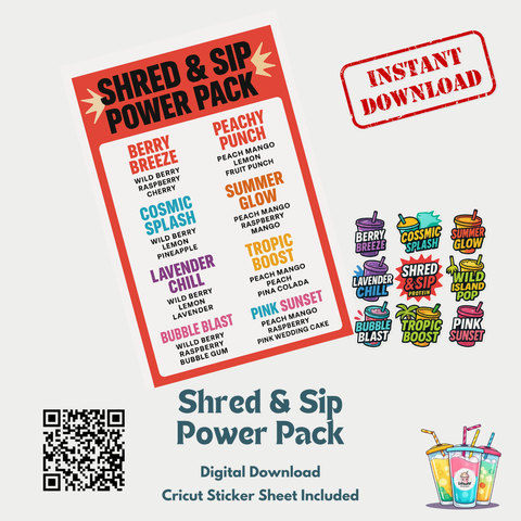 Shred & Sip Power Pack – Printable Menu + Sticker Sheet (Dry Mix Drink Kit)