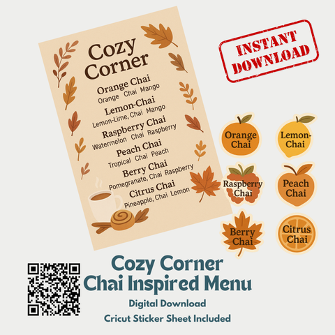 Cozy Corner Chai Tea Menu + Print-and-Cut Sticker Sheet – Fall Distributor Bundle