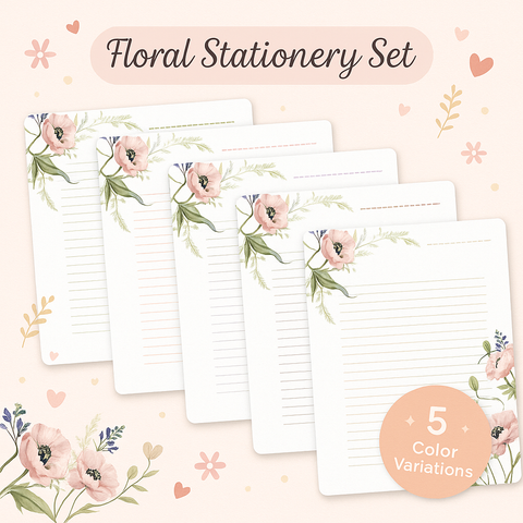 Printable Floral Stationery Set – Soft Pink Watercolor Poppy Paper • Lined Digital Download • Pastel Botanical Letterhead