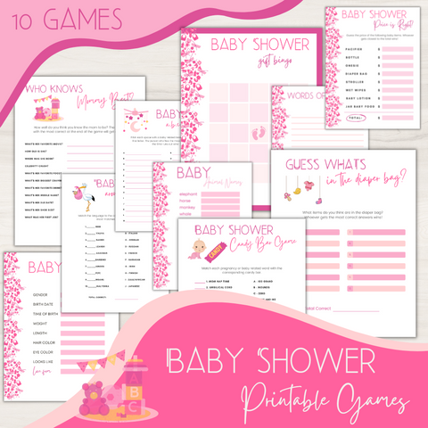 Girl Baby Shower Games Bundle • 10 Printable Pink Baby Shower Activities • PDF Party Games • Instant Download