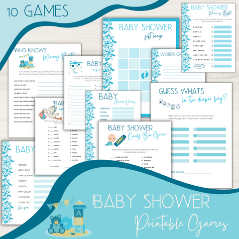 Boy Baby Shower Games Bundle • 10 Printable Baby Shower Activities • Blue Baby Shower PDF • Instant Download