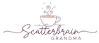 Logo for 'Scatterbrain Grandma' featuring a cup and saucer design.