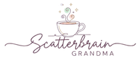 Logo for 'Scatterbrain Grandma' featuring a cup and saucer design.