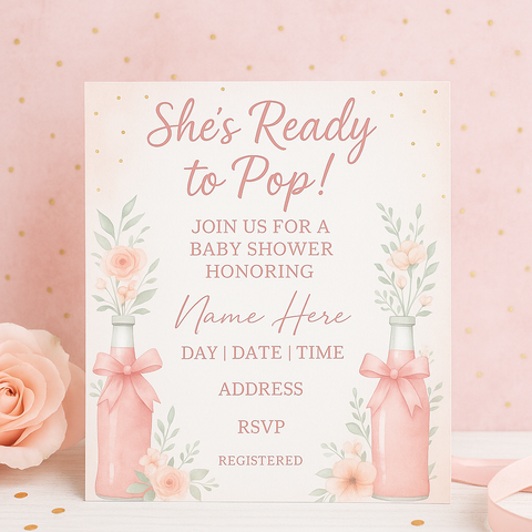 Pink Floral Baby Shower Invitation Template – Editable “She’s Ready to Pop” Card for Girl’s Celebration
