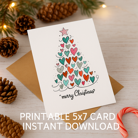 Merry Christmas Heart Tree Card – Printable 5x7 Digital Holiday Greeting Card, Cute Watercolor Christmas Card, Instant Download