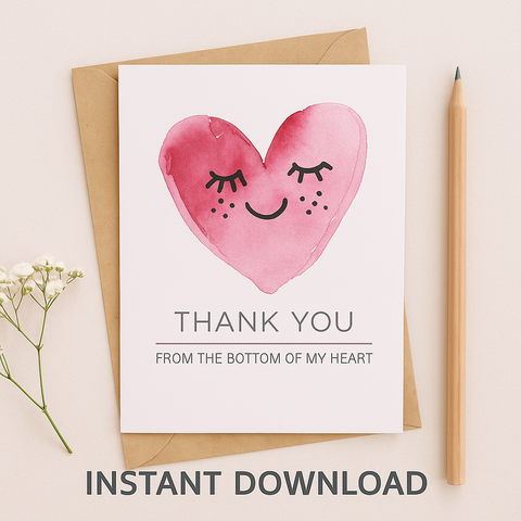 Printable Thank You Card | 5x7 Watercolor Heart Greeting Card | Instant Download | Cute Hand Drawn Thank You Note