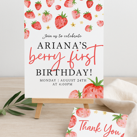 Berry First Birthday Invitation + Thank You Cards • Strawberry Party Printable Set • Editable Templates • Instant Download