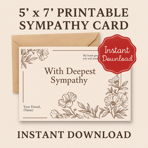 Printable Sympathy Card – Brown Floral Condolence Card – With Deepest Sympathy – Instant Download 5x7 Grief Card – Digital Memorial Card