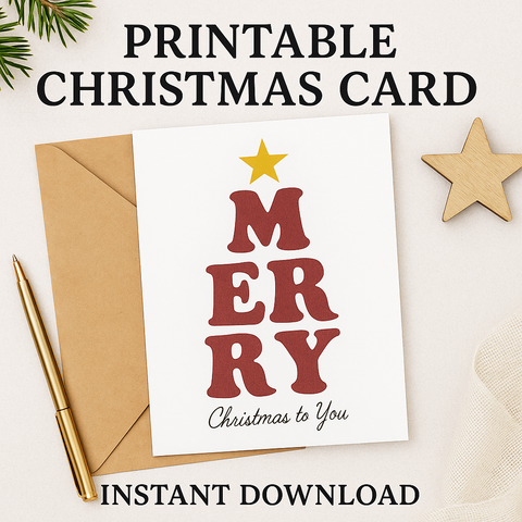 Retro Merry Christmas Tree Card • 5x7 Printable Holiday Card • Instant Download Christmas Greeting Card • Foldable Holiday PDF + JPEG